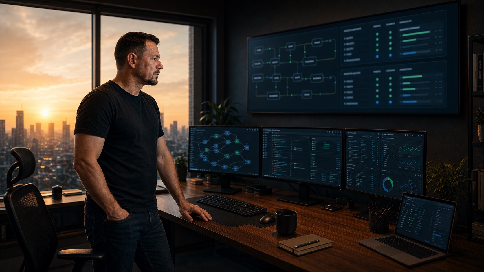 The architect reviewing system orchestration at sunrise