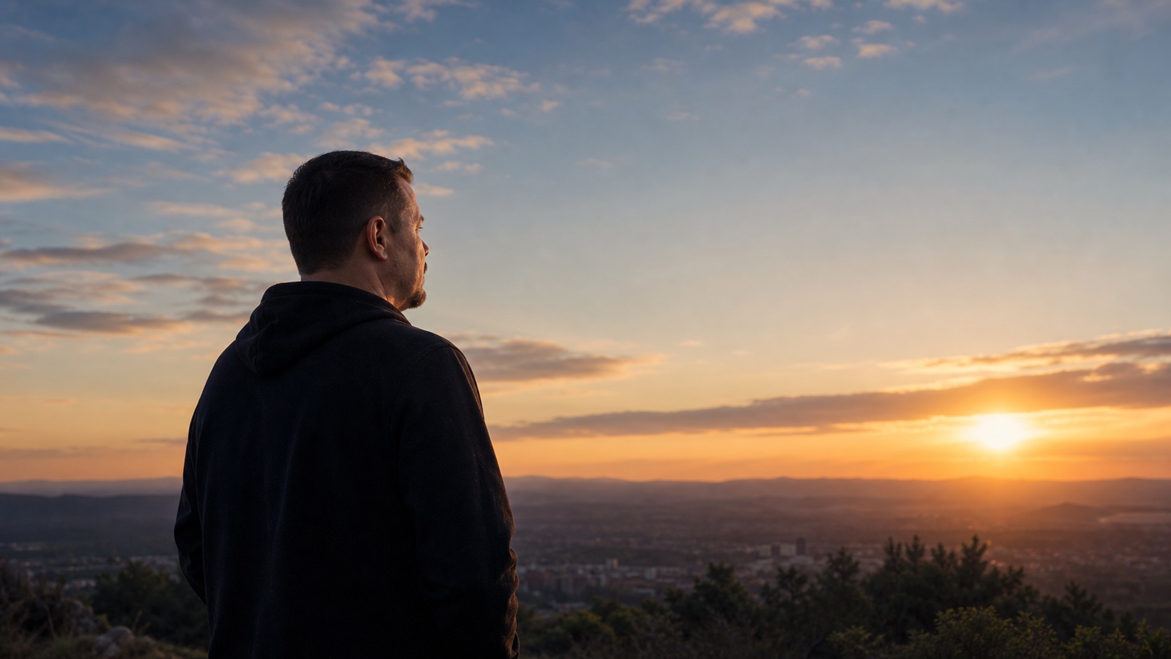 A quiet sunrise with a man standing calmly in the distance