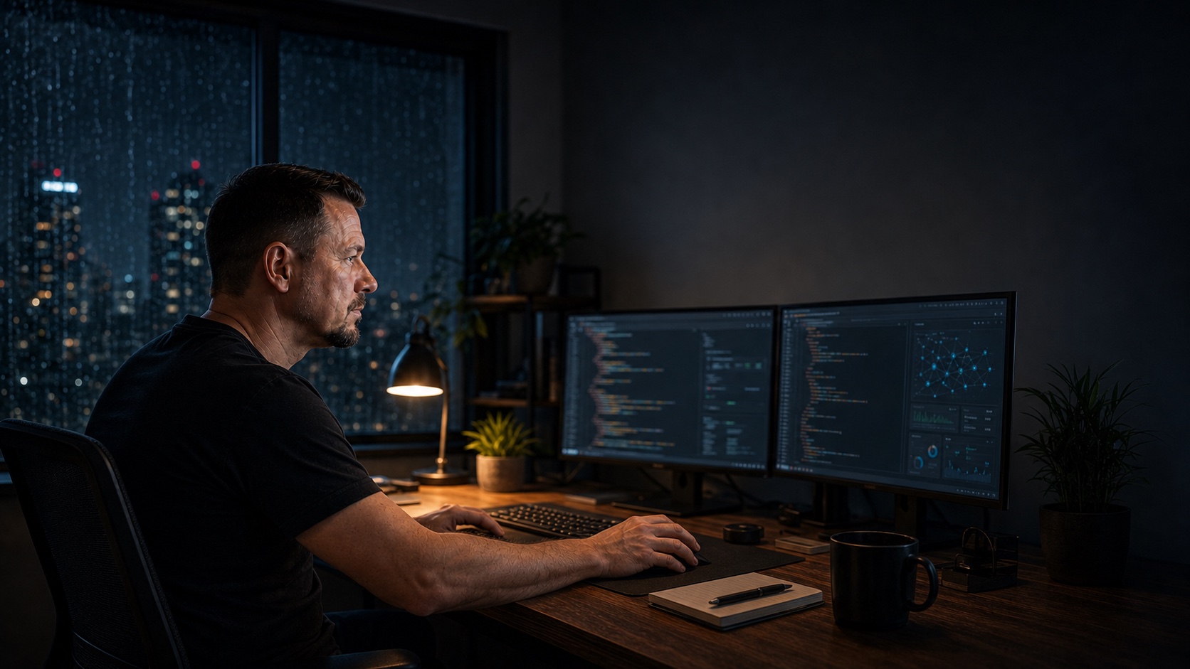 An architect standing before a large system architecture display
